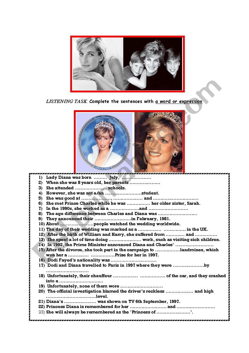 The Life of Princess Diana (Gap-fill Listening Actvity) [video/audio link provided]